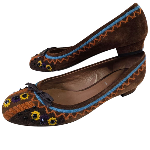 Brown Suede Miu Miu crystal embroidered Kitten heel sz 8 - Picture 4 of 9